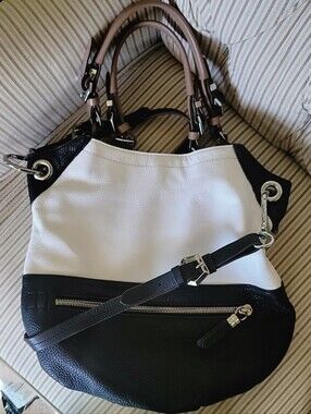 Oryany Sydney Pebbled Leather Convertible Black And White Colorblock Hobo Bag
